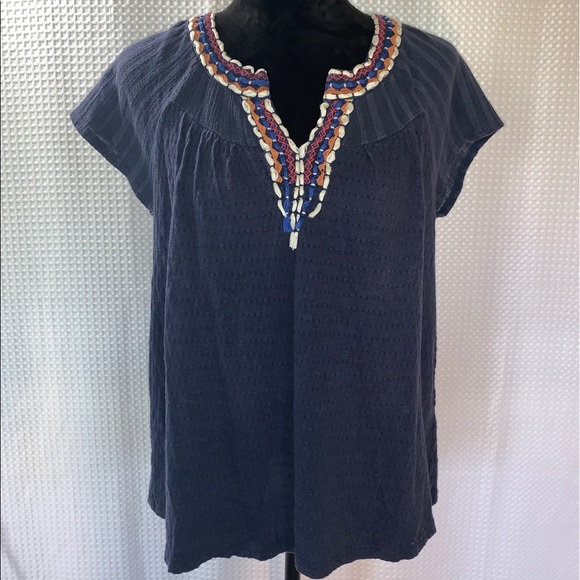 Lucky Brand Embroidered & Embellished Navy Top - Picture 5 of 6